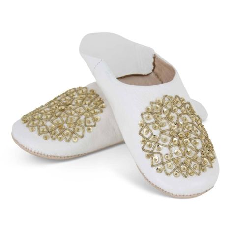 Marokkanische Pantoffeln Leder Weiß Gold Pailletten SFMRKBAB00127